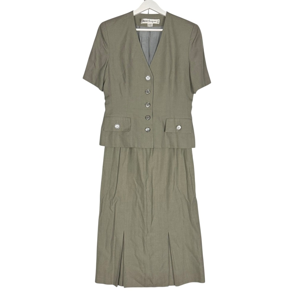 Adele Simpson Vintage Skirt Suit Set Green Rayon Linen Short Sleeve Blazer Sz‎ 8